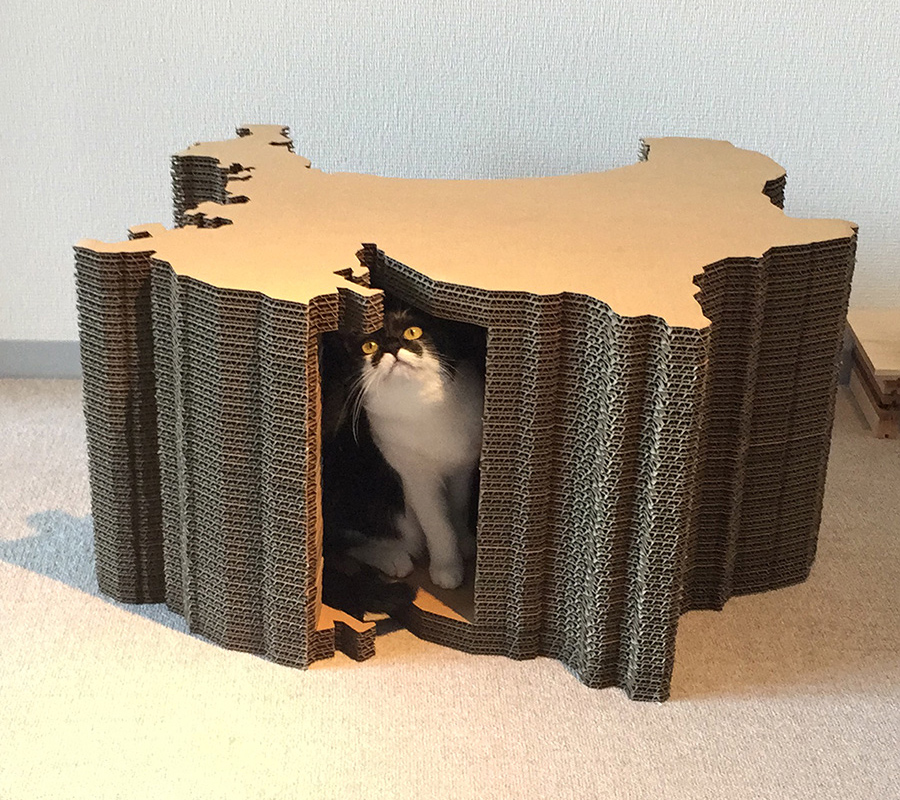 置き方も２パターンあり、相模湾あたりでトンネル遊びをしたり、中に入って寛いだり。猫の気持ちがわかる建築士がつくる「猫と建築社」のセレクトショップで販売。