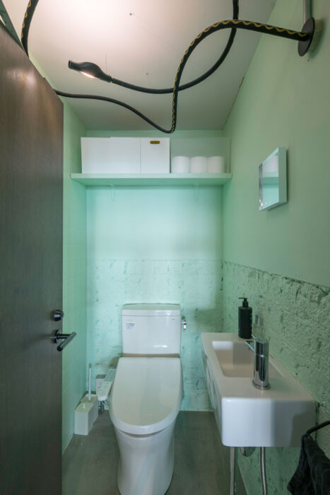 トイレの壁のペイントはDIY。照明はインゴ・マウラー。「閉ざされた空間であるトイレのインテリアは、より自由に遊ぶことができます」