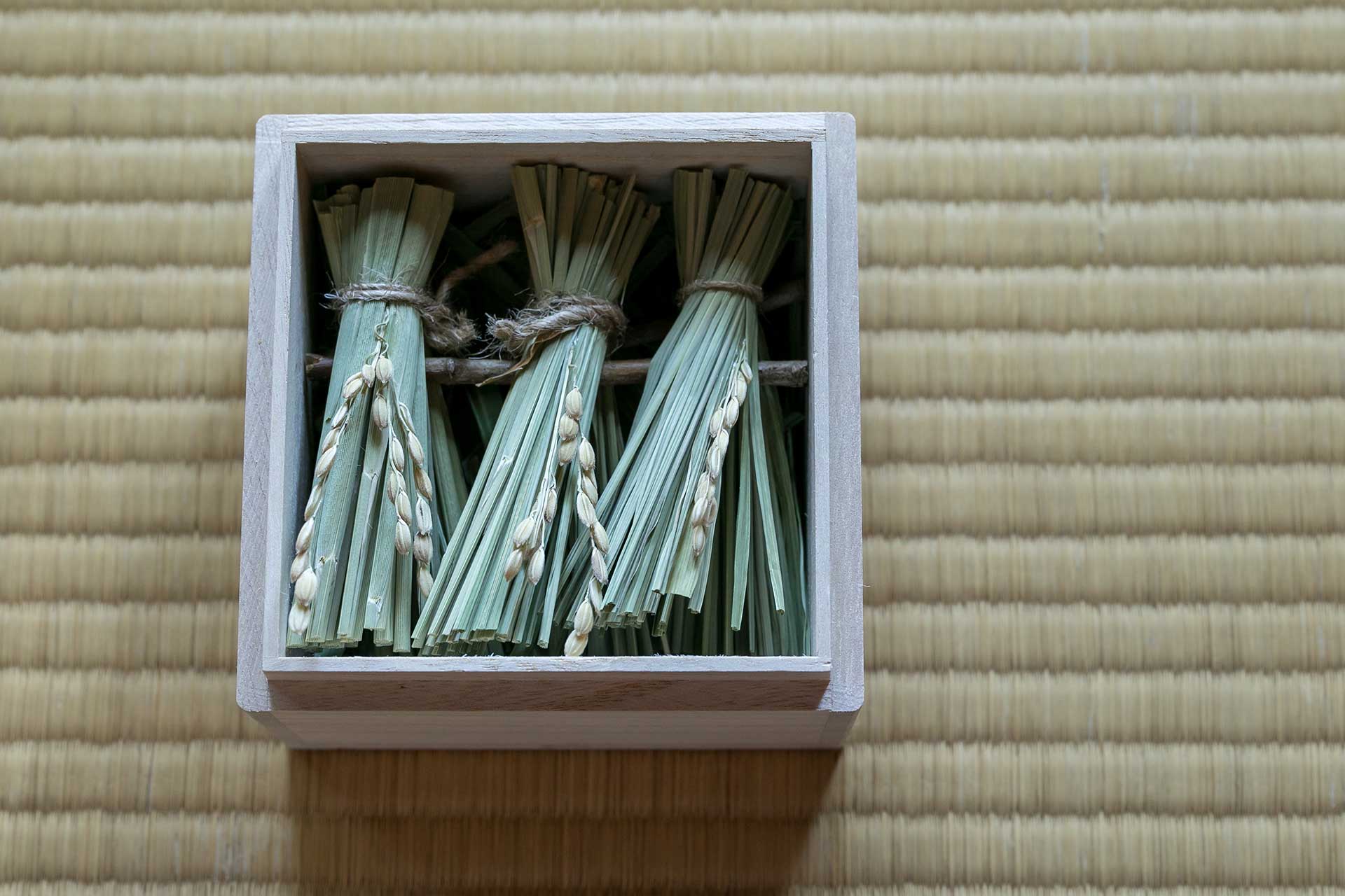 「秋分」 (9月23日〜10月7日。昼と夜の長さが同じになる) 。«稲掛け》 秋分になると稲の収穫が始まる。稲を掛けて天日干しする見える日本の伝統的な田んぼの稲掛けの風景を表現。素材：稲。