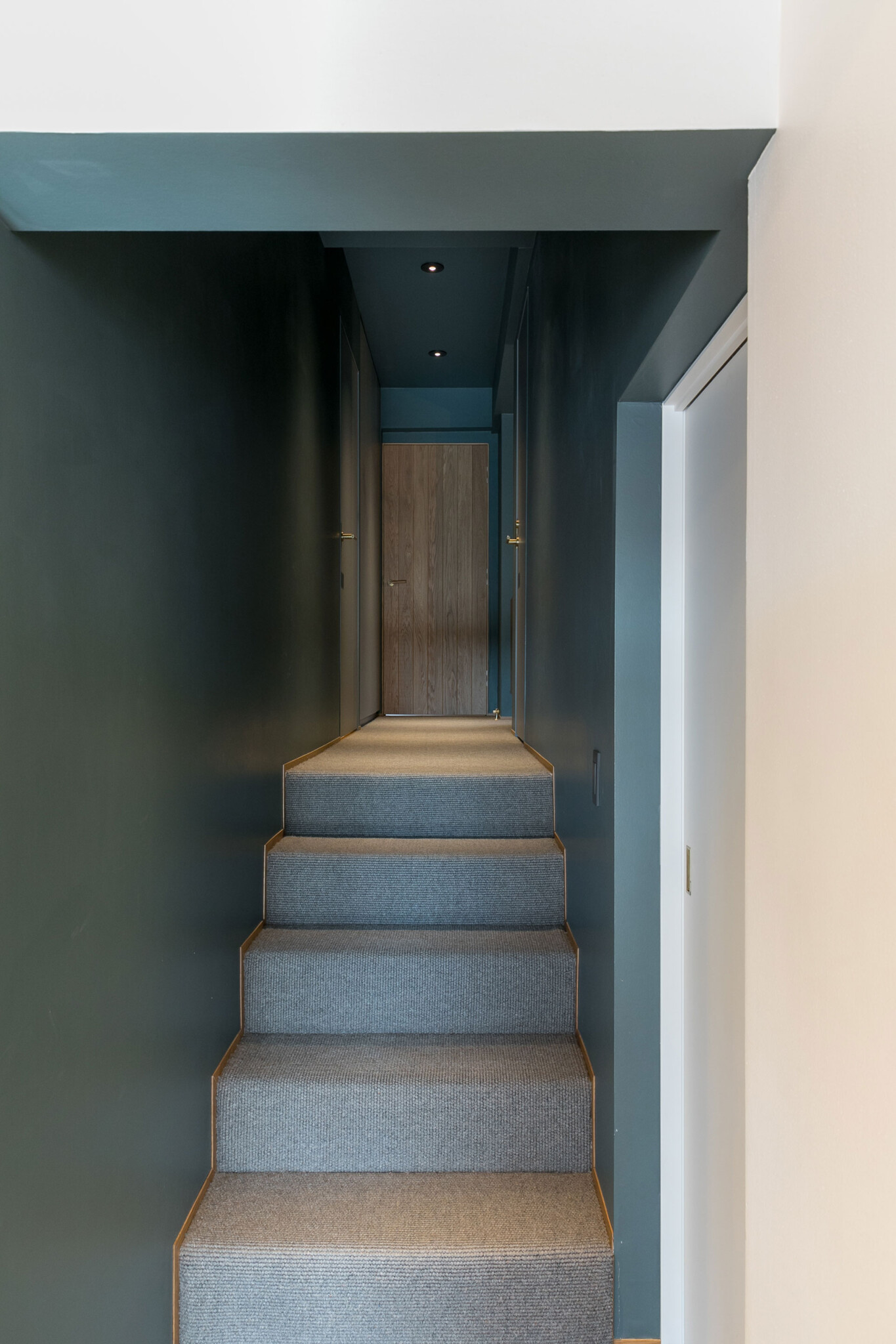 階段もカーペットにすることで豊かさを感じられる住空間に。正面のドアは木に。