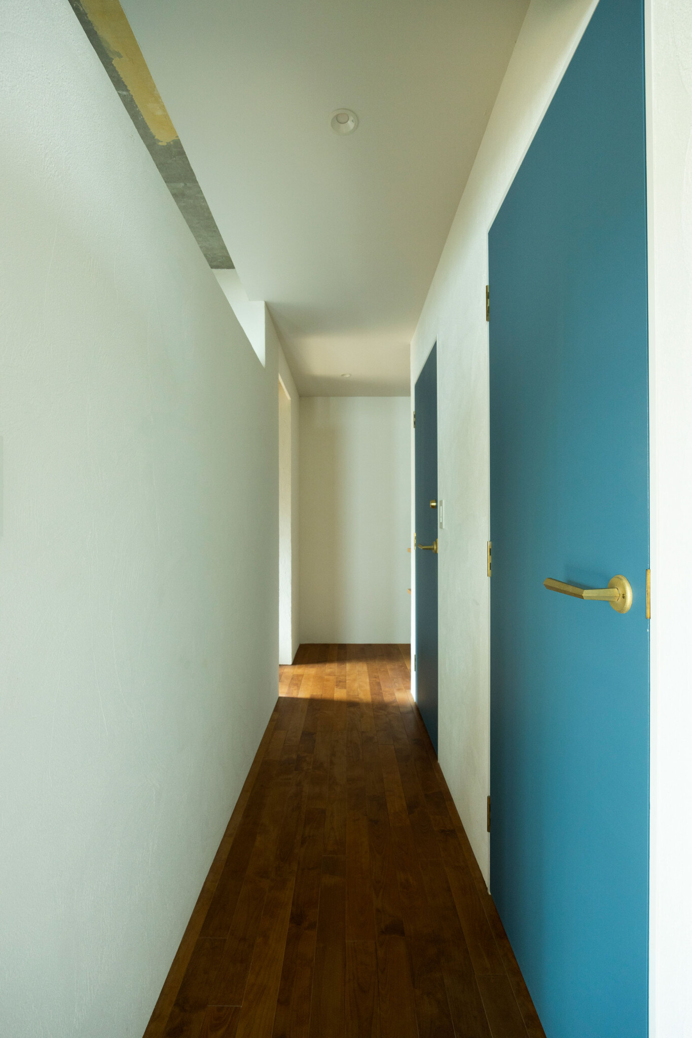 表情のある珪藻土の壁に、ブルーグレーのドアがアクセントに。
