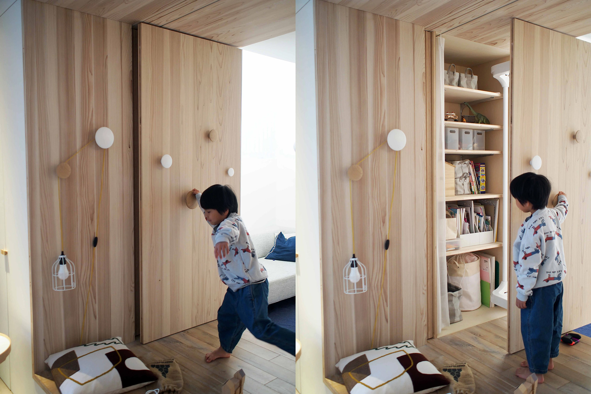 子どもの力で簡単に開く建具。成長に合わせて好きなフックを使えるように、いろいろな高さと位置に大小さまざまなフックをつけた。