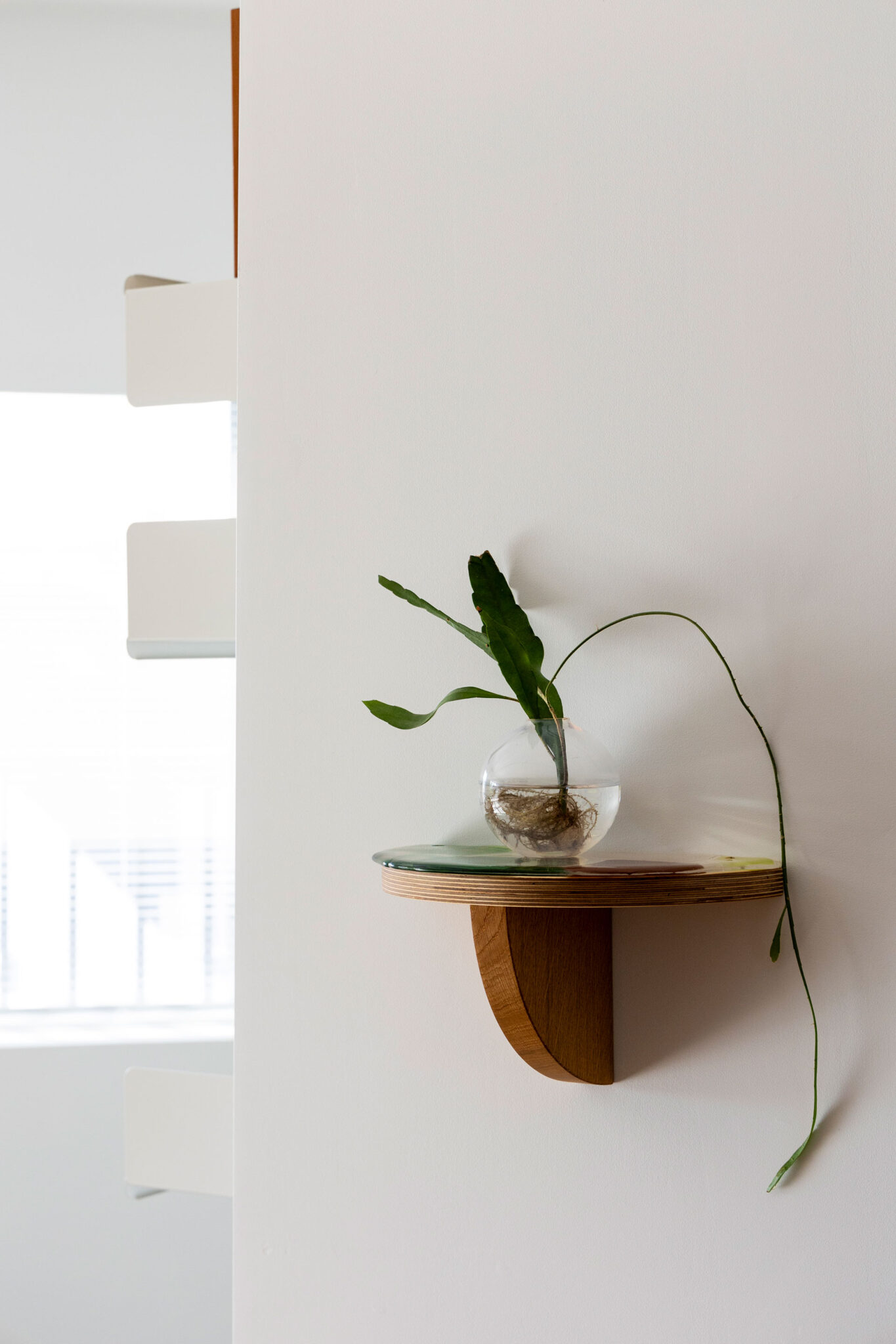 ガラス作家sasamoto natsukiと自由が丘の「ihollande」のコラボによる壁付け棚。R形状と積層が、この家にぴったり。